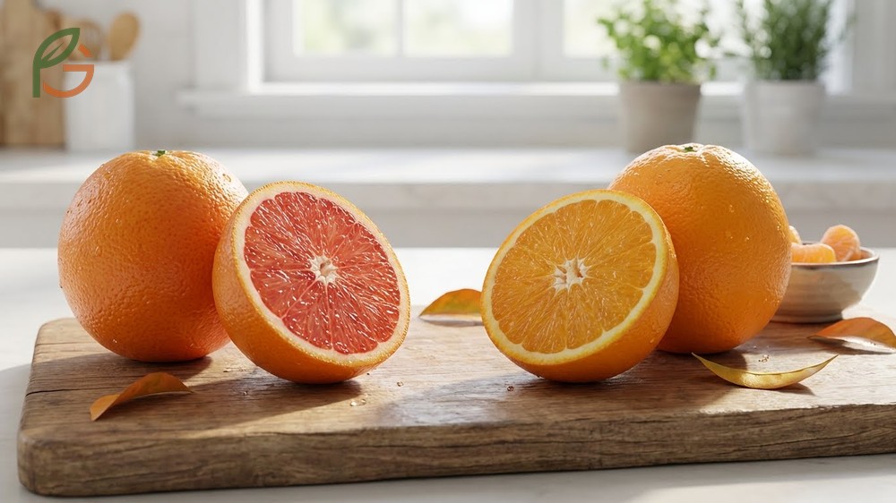 Cara Cara vs navel orange comparison shows the pink variety has higher sugar content at 12 to 14 Brix.