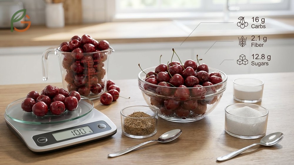 Nutritional breakdown of 100g sweet cherries containing 16g total carbs and sugar content analysis.