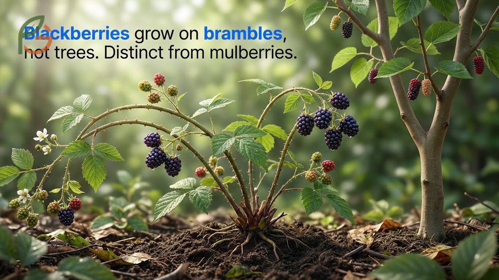 Do blackberries grow on trees answered by showing thorny bushes with biennial canes compared to mulberry trees.