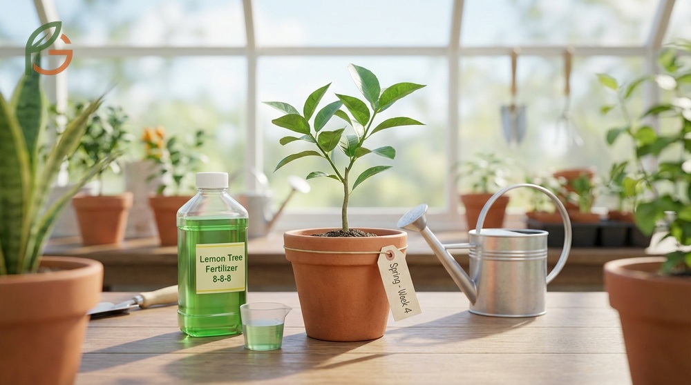 Applying balanced fertilizer to young lemon trees supports nitrogen intake for leafy green growth.