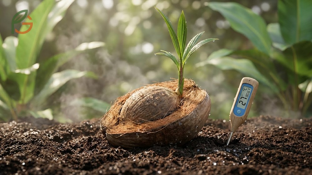 Germination process coconut requires consistent temperatures between 77 and 86 degrees Fahrenheit for successful sprouting.