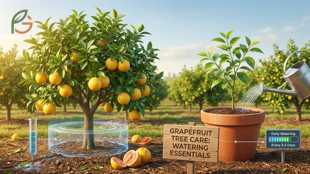 Grapefruit tree care essentials including monthly watering of 4 to 6 inches and regular nitrogen fertilization schedules.