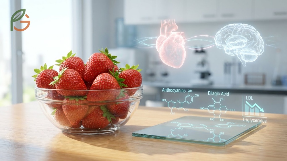 Strawberries showing their ability to lower LDL cholesterol and reduce inflammation markers in cardiovascular health studies.