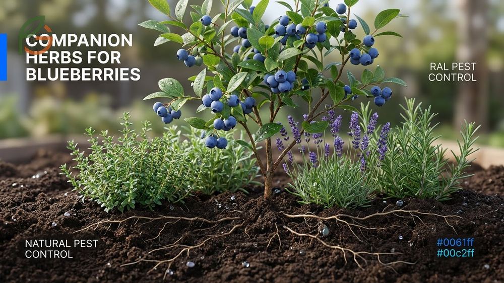 Thyme and basil herbs growing as living mulch under blueberry bushes to naturally repel garden pests.