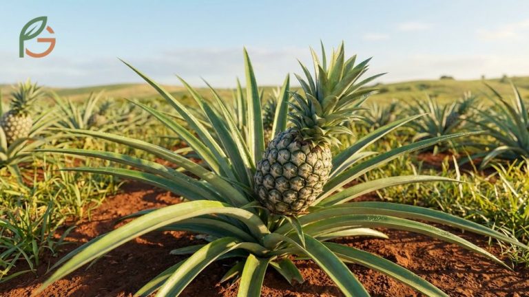 A pineapple plant growing as a herbaceous perennial with sword like leaves and a central fruit.
