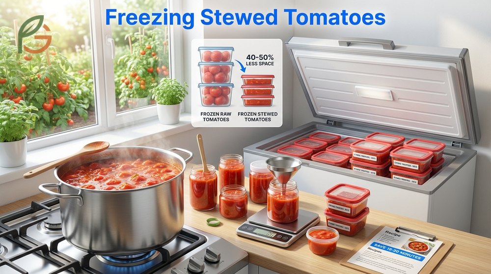 How to freeze stewed tomatoes by cooking for twenty minutes and cooling quickly in an ice bath.