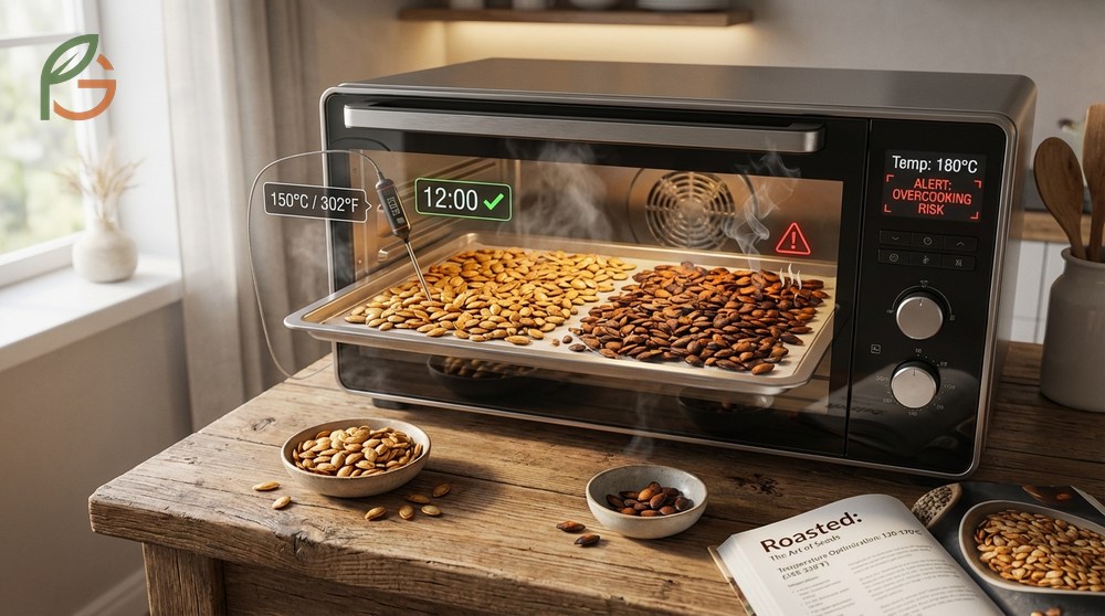 How to roast seeds illustrating the transition to golden brown color after 20 minutes of baking.