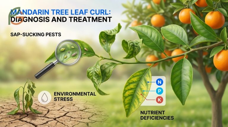 Mandarin tree leaf curl symptoms appear as twisted foliage that disrupts photosynthesis and reduces fruit yield.