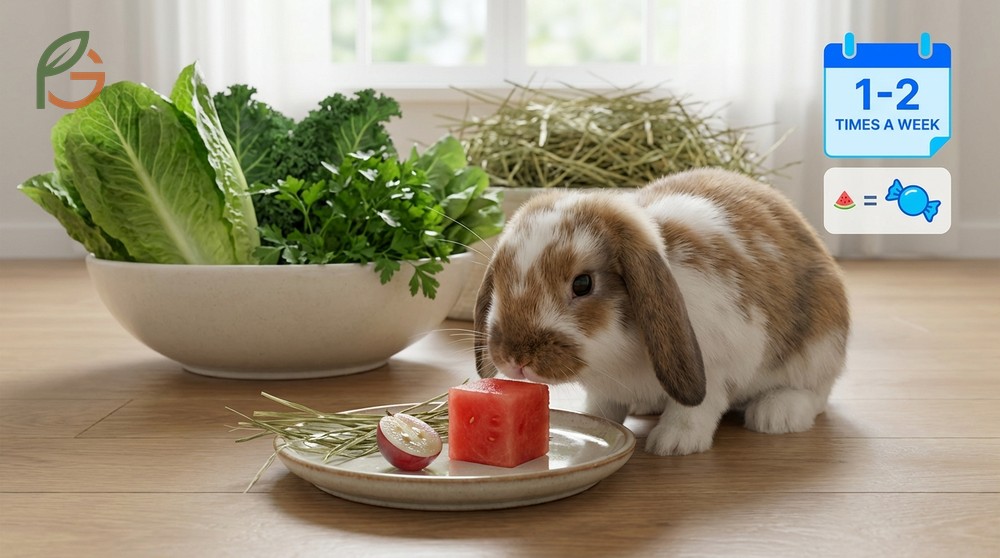 Rabbit diet fruit portion size recommends a 1-inch cube once or twice per week as a treat.