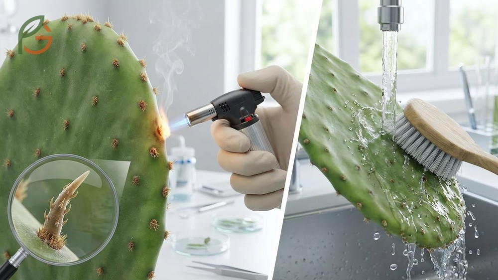 Removing prickly pear spines using a flame torch to burn off glochids effectively.