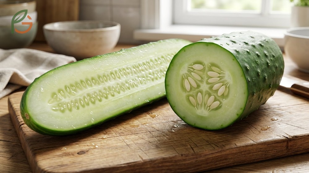 Seed content comparison showing tiny edible seeds in English types versus large hard seeds in mature regular cucumbers.