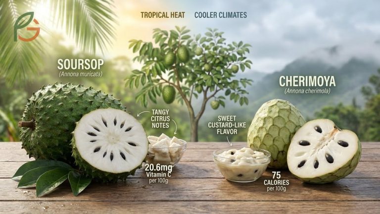 Soursop vs cherimoya comparison showing differences in vitamin C content of 20.6mg and 75 calories per 100g serving.