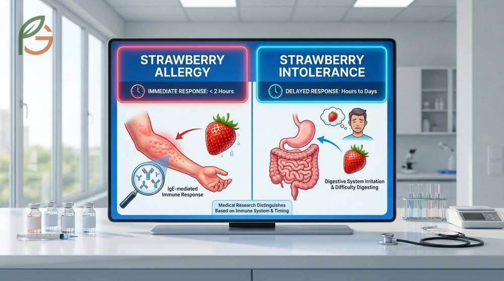 Differences between strawberry intolerance causing digestive issues and true allergies involving immune system responses.