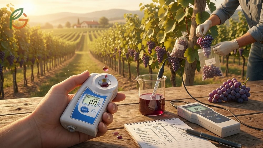When are grapes harvested determination using visual signs like brown seeds and measuring sugar content between 19 to 25 Brix for wine grapes.