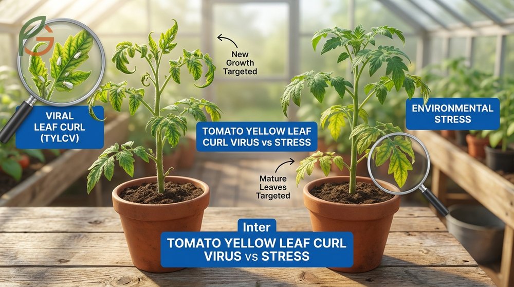 Viral leaf curl vs stress distinctions include yellowing new growth for viruses compared to green rolling leaves for stress.