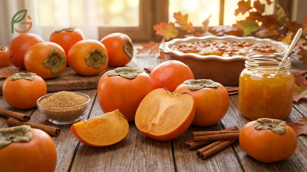 Sliced persimmons showing the juicy texture that delivers honeyed sweetness and cinnamon flavor notes.