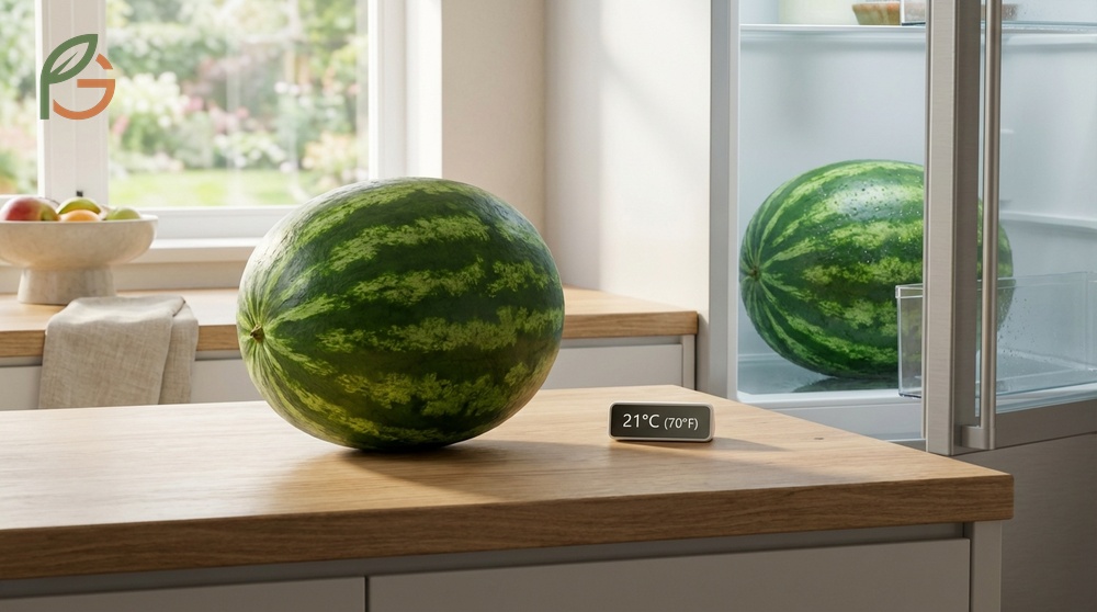 Whole watermelon storage requires a cool pantry at 65 to 75 degrees away from direct sunlight to last 7 to 10 days.