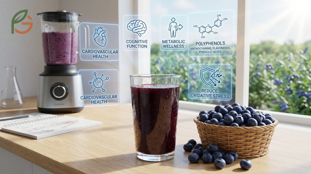 Benefits of blueberry juice featuring superior ORAC scores of 2906 for powerful free radical scavenging activity.