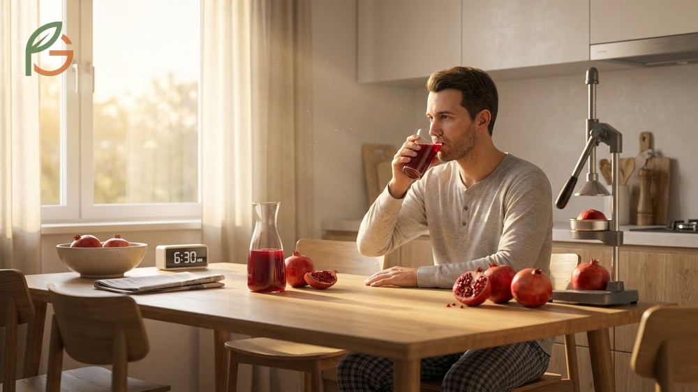 The best time to drink pomegranate juice for men is in the morning on an empty stomach to maximize polyphenol absorption.