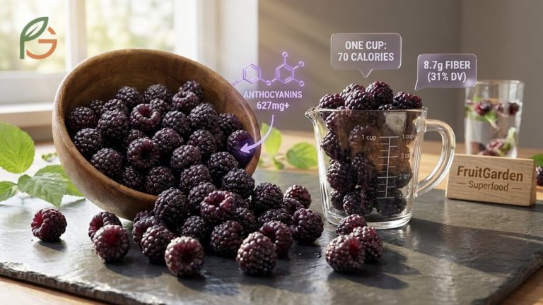 Black raspberry nutrition facts guide detailing 8 grams of fiber and high anthocyanin content per cup.