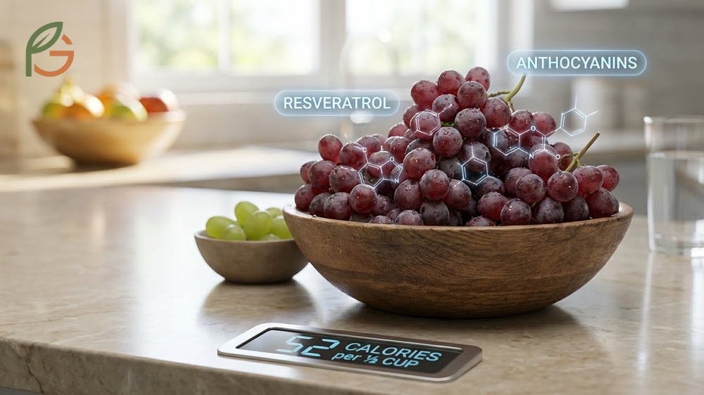Calories in red grapes focused on antioxidant benefits including resveratrol and anthocyanins with just 52 calories per serving.