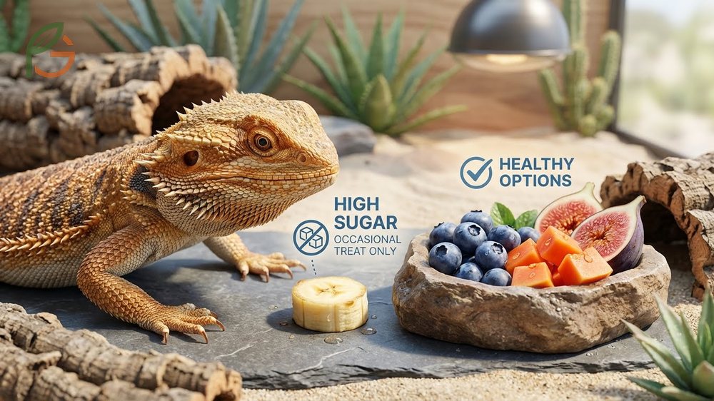 Bearded dragons eating bananas as a rare treat due to high phosphorus levels affecting calcium absorption.