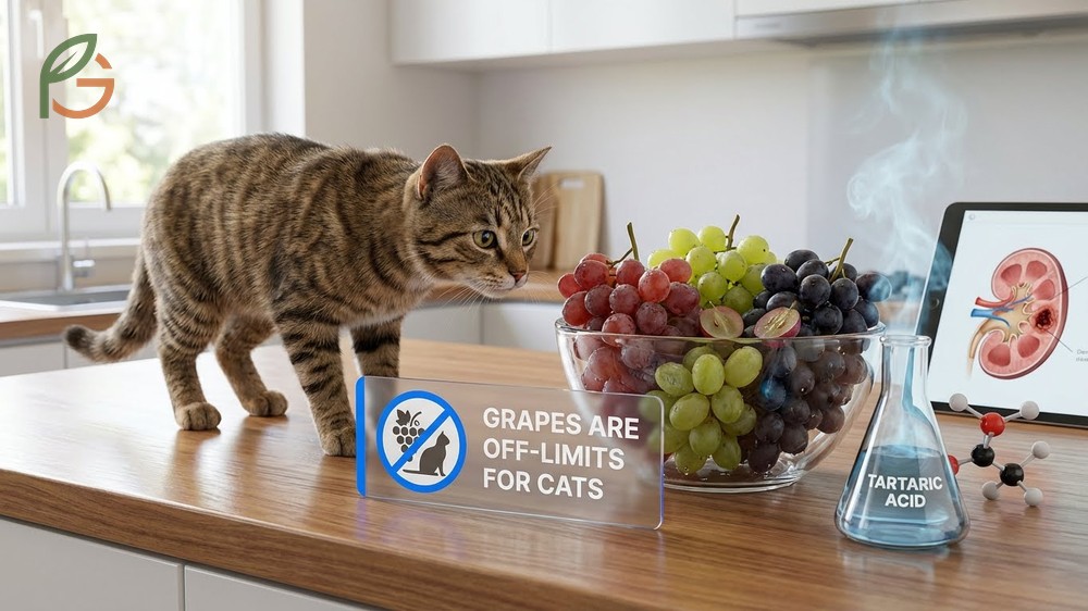 Can cats eat grapes leads to kidney damage caused by toxic tartaric acid found in all grape varieties.