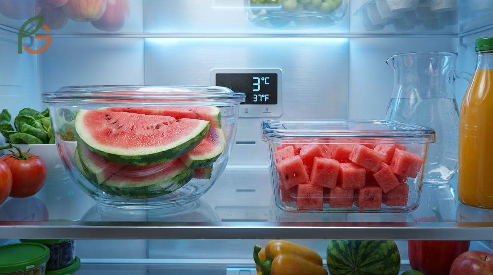 Cut watermelon refrigerator storage maintains quality for 3 to 5 days when kept at 36 to 41 degrees in airtight containers.