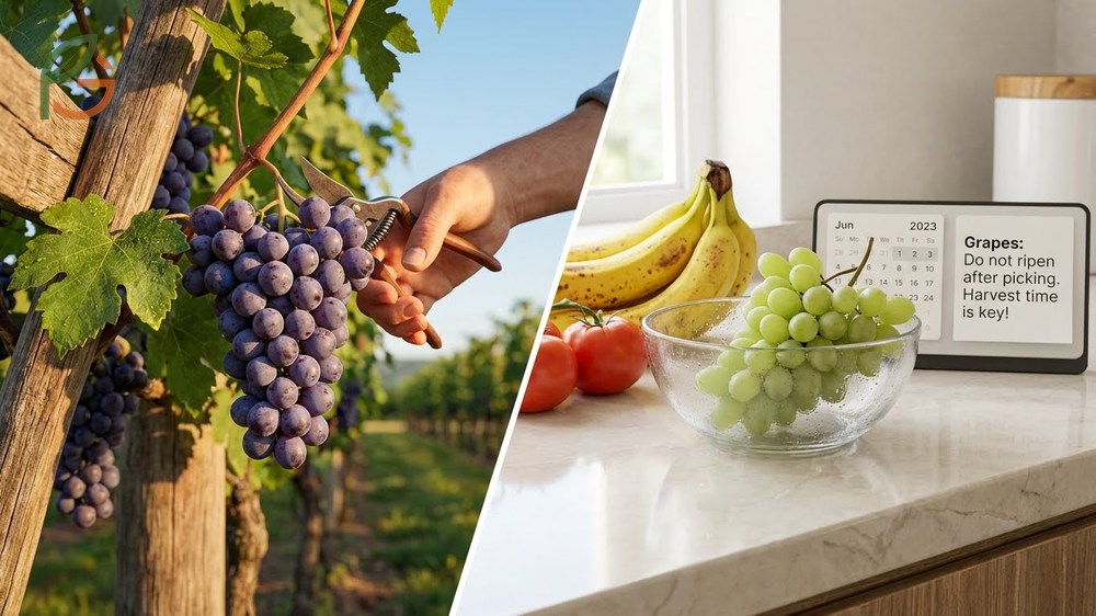 When are grapes harvested facts explaining why grapes do not ripen off the vine and must be picked at peak sweetness.