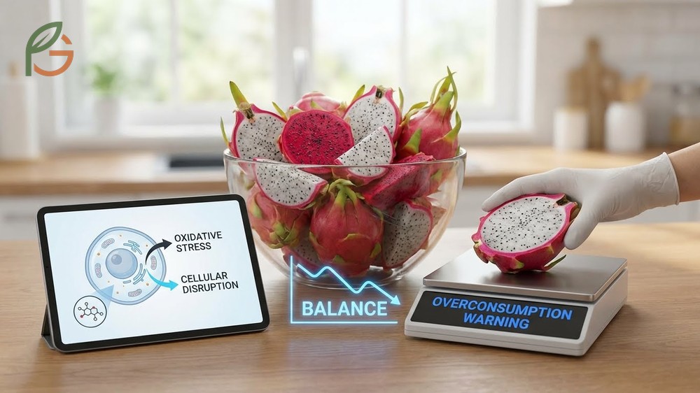 Overconsumption effects of dragon fruit leading to blood sugar spikes and potential nutrient malabsorption issues.