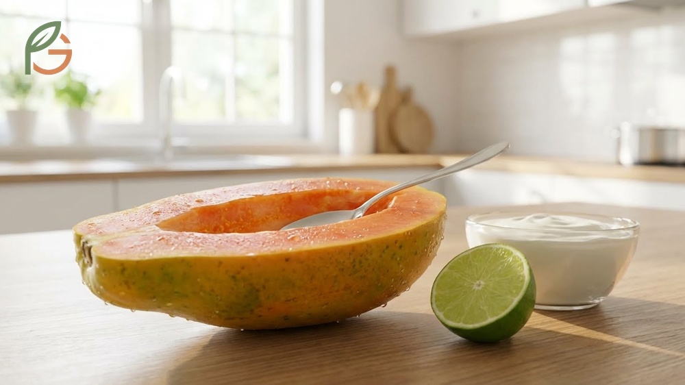 Eating papaya guide suggests filling the fruit cavity with yogurt and granola for a nutritious breakfast boat.