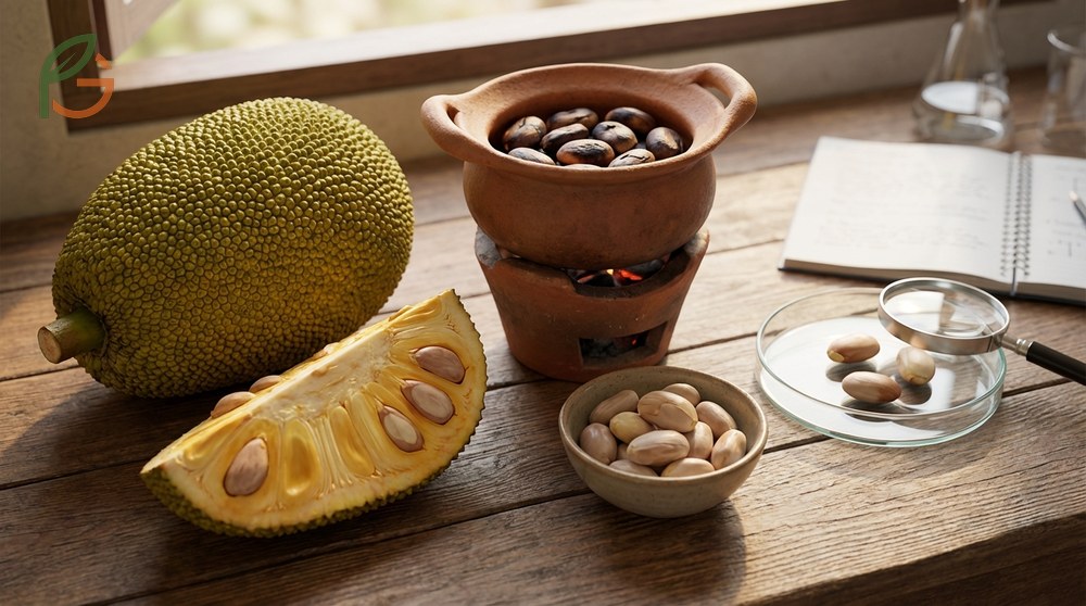 Edible jackfruit seeds benefits highlighted by a nutritional breakdown showing significant iron and B vitamin content.