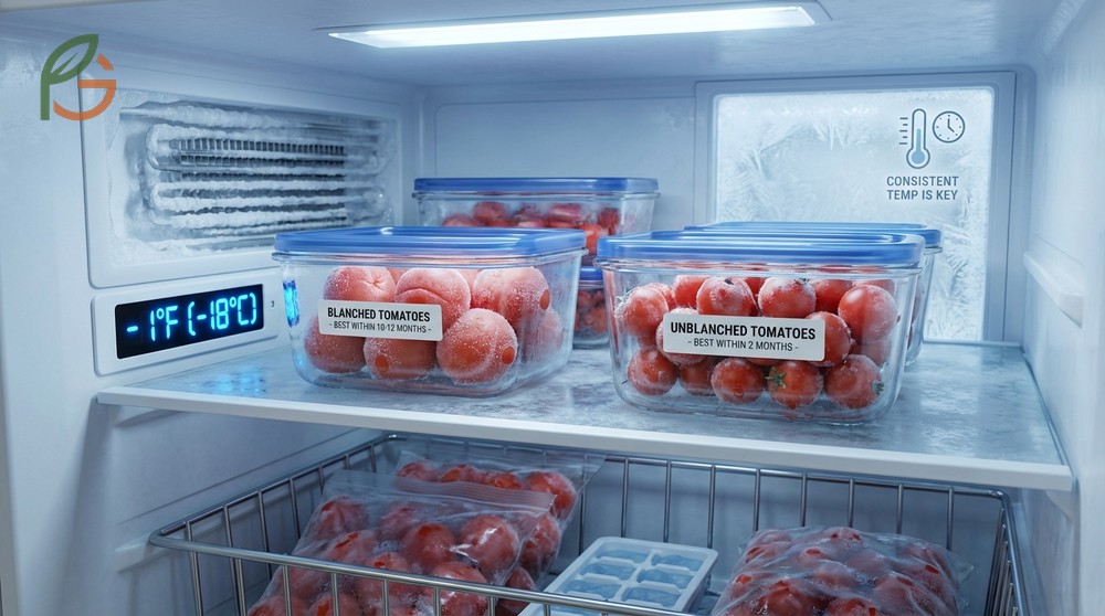 Frozen tomato storage using heavy duty freezer bags or rigid containers to prevent freezer burn.