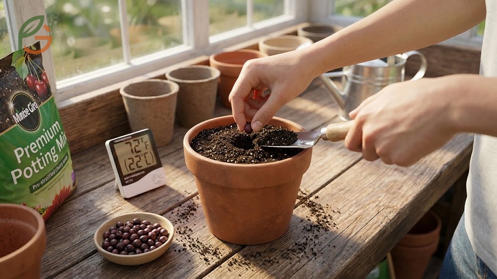 How to grow cherry seeds by planting stratified pits one inch deep in well draining potting mix at warm temperatures.