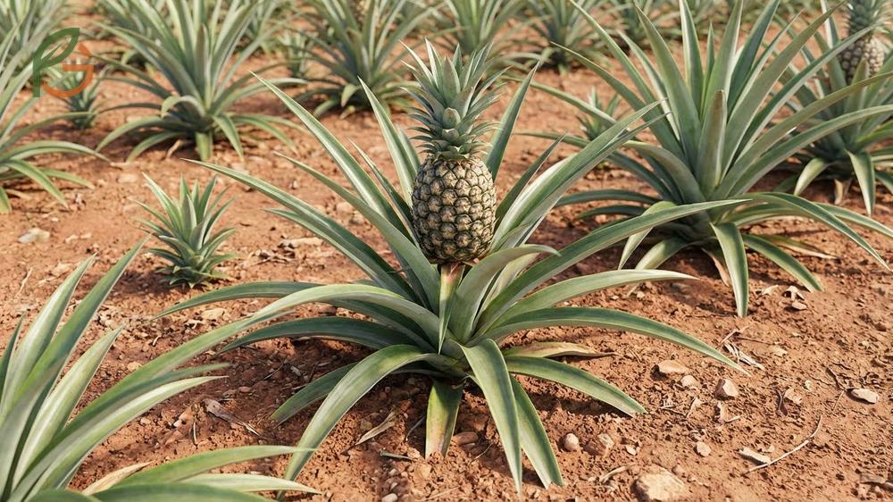 The terrestrial growth habit of a pineapple plant rooted in the ground unlike epiphytic bromeliads.