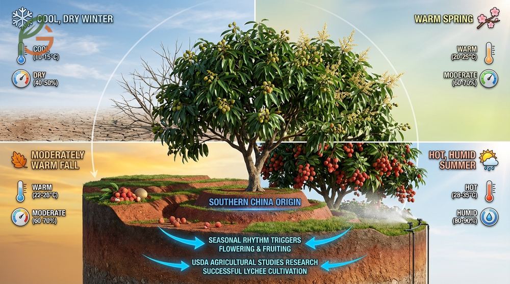 How is lychee cultivated in climates with cool winters of 59 to 68 degrees Fahrenheit to induce flowering.