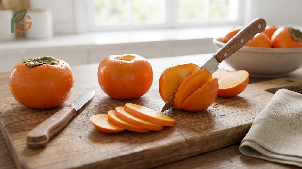 A chef demonstrating how to cut a persimmon into thin wedges using a sharp paring knife.