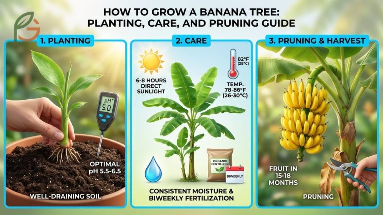 How to grow a banana tree guide showing planting steps and care tips for healthy fruit production within 18 months.
