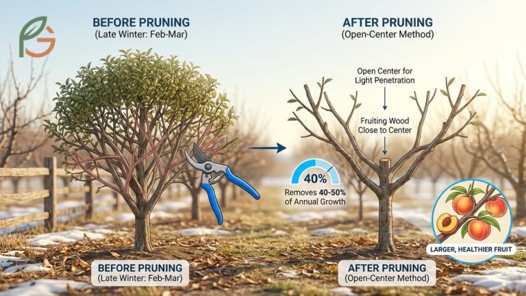 How to prune a peach tree using the open center method removes 40 to 50 percent of annual growth.