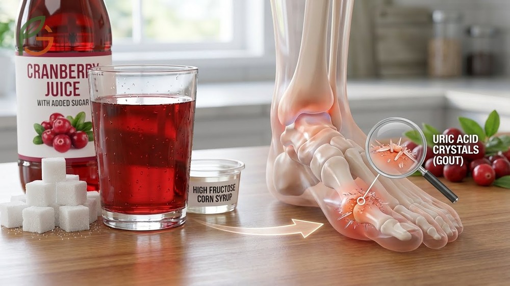 Is cranberry juice bad for gout due to high sugar content which increases purine metabolism and uric acid.