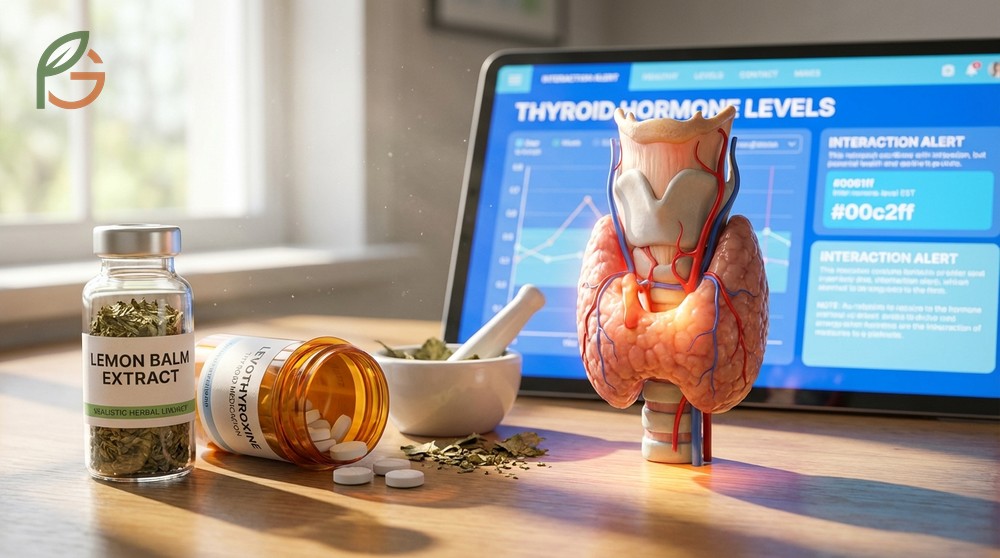Thyroid medication interactions where lemon balm may inhibit TSH levels and affect levothyroxine absorption.