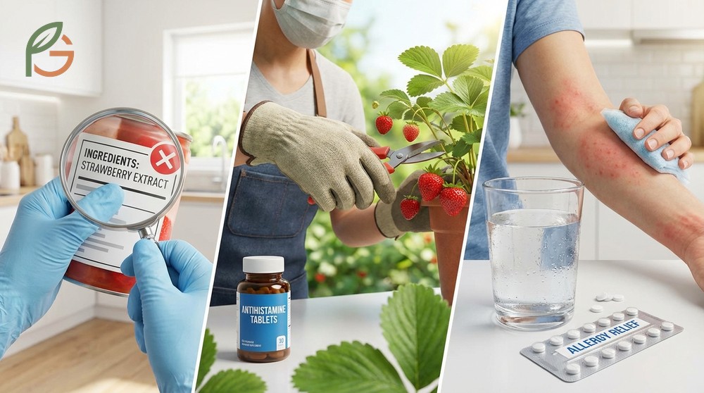 Strategies for managing strawberry allergy symptoms through avoidance and carrying epinephrine auto injectors.