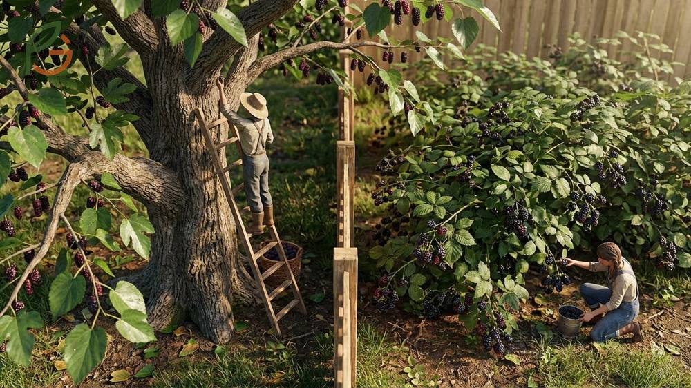 Mulberry fruit vs blackberry comparison showing tree growth habits versus shrub structures for identification.
