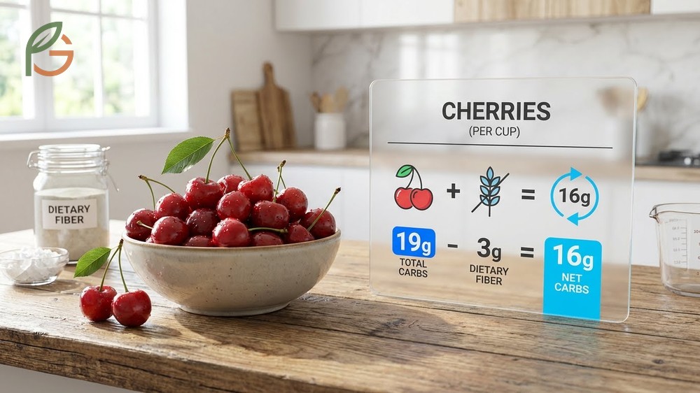 Calculation of net carbs in cherries by subtracting 3g fiber from total carbohydrates.
