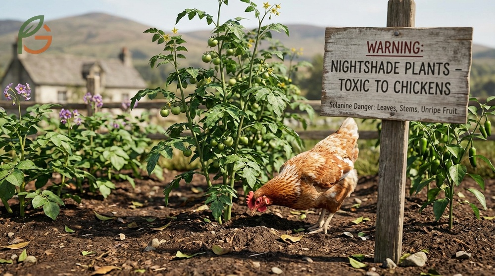 Nightshade toxicity chickens explanation detailing solanine dangers in green plant tissues and symptoms.