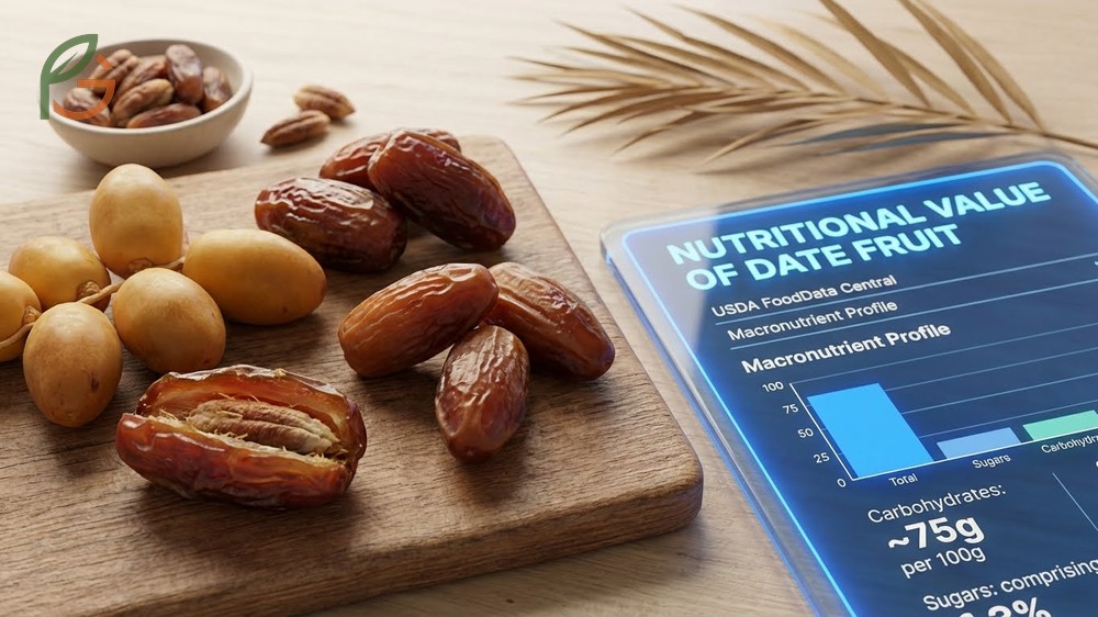 Nutritional value of date fruit chart displaying macronutrients including 75g carbs and essential vitamins like B6.
