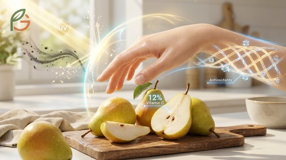 Vitamin C and antioxidants found in pears help protect skin collagen from environmental damage and aging.