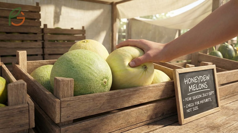 How to pick honeydew using maturity indicators like creamy yellow rind color and waxy surface feel.
