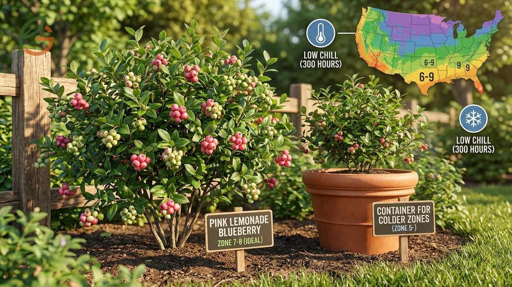 Pink lemonade blueberry hardiness zone range of 6 to 8 for optimal growth and fruiting.