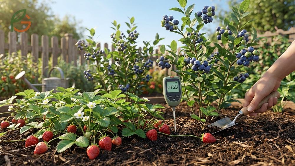Strawberries growing as ground cover beneath vertical blueberry bushes to maximize available garden space.